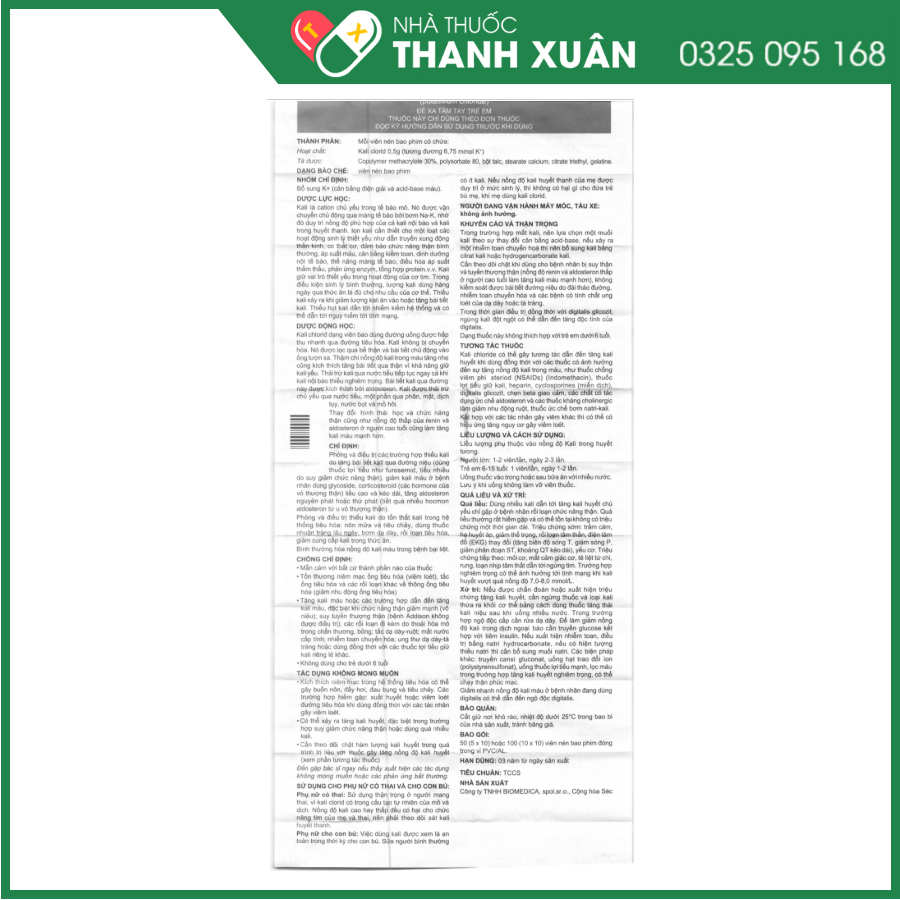 Kalium chloratum thuốc phòng và điều trị các trường hợp hạ kali máu